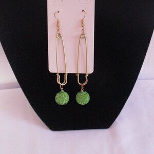 Pin Hook Earrings Green Pave Balls GOLDTONE Free Gift Box